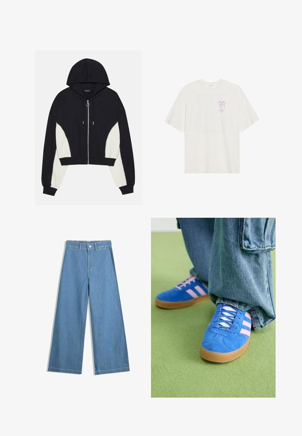 Fekete és fehér, rövidített kapucnis pulóver, elülső cipzárral, kapucnival és kontrasztos oldalsó panelek díszítéssel. Ezüst színű fém kiegészítőkkel és bordázott mandzsettákkal, valamint alsó szegéllyel rendelkezik.; Krém színű, puha anyagból készült póló, amelyen lila pálmafa grafika és "SUNSHINE CLUB" felirat található az elülső részen. Bokszos szabás, rövid ujjak.; Világoskék, laza szárú farmernadrág, gombos záródással, övpántokkal és diszkrét varrási részletekkel.; Kék velúr cipők rózsaszín csíkokkal és fehér fűzővel, gumiból készült talppal, laza farmernadrággal egy zöld felületen.