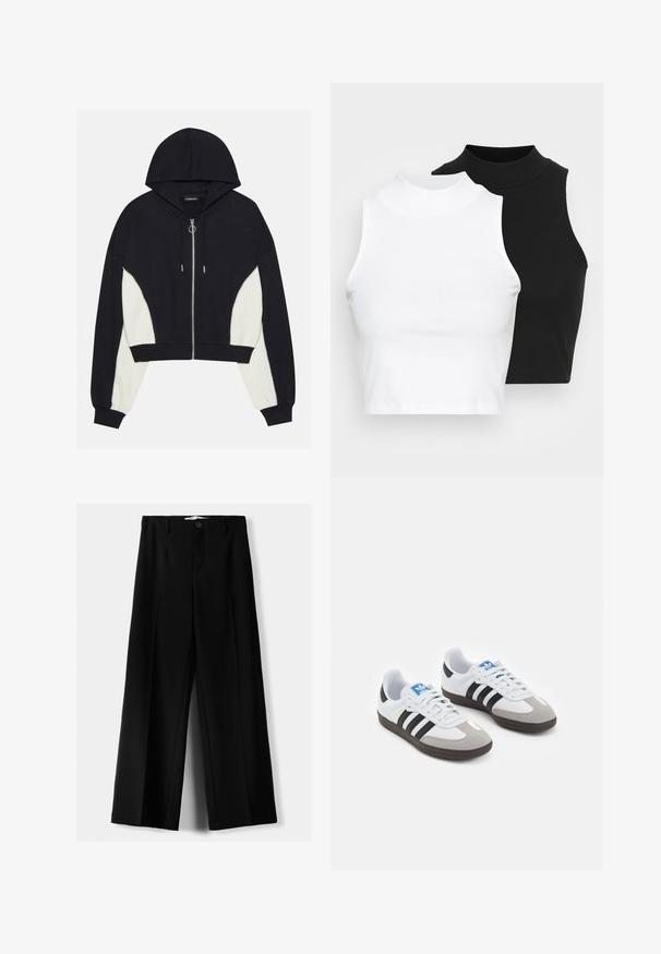 Sort og hvid cropped hoodie med en frontlynlås, hætte og kontrasterende sidepaneler. Har sølvfarvet hardware samt ribbet manchetter og kant.; To kjoleløse ribbede turtleneck-toppe i sort og hvid, med en tætsiddende design og glat tekstur, samt cropped længde.; Sorte brede bukser lavet af letvægtsstof, med frontknaplukning og glat front, samt pænt syede kanter.; Sportsko med en overdel i hvid læder, grå ruskind på tåen og tre sorte striber. Har et blåt logo på tungen og en struktureret gummisål.