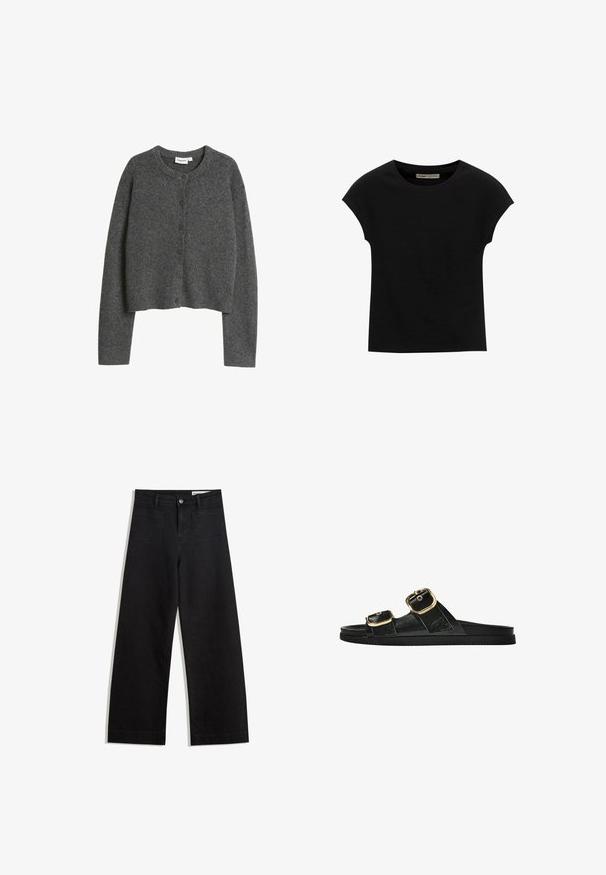 Dunkelgrauer, langärmeliger Button-Up-Cardigan mit rundem Ausschnitt und geripptem Kragen, auf einem weißen Hintergrund dargestellt.; Schwarzes Kurzarm-T-Shirt aus weichem Stoff, mit Rundhalsausschnitt und lockerer Passform, glatter Textur und ohne Muster.; Schwarze weit geschnittene Jeans mit hoher Taille, ausgestattet mit Vorder- und Hintertaschen, gesteppten Nähten und einem Knopfverschluss. Glatte Textur.; Schwarze Riemensandale mit zwei goldenen Schnallendetails, glattem Material, flachem Sohlen und minimalistischer Gestaltung.