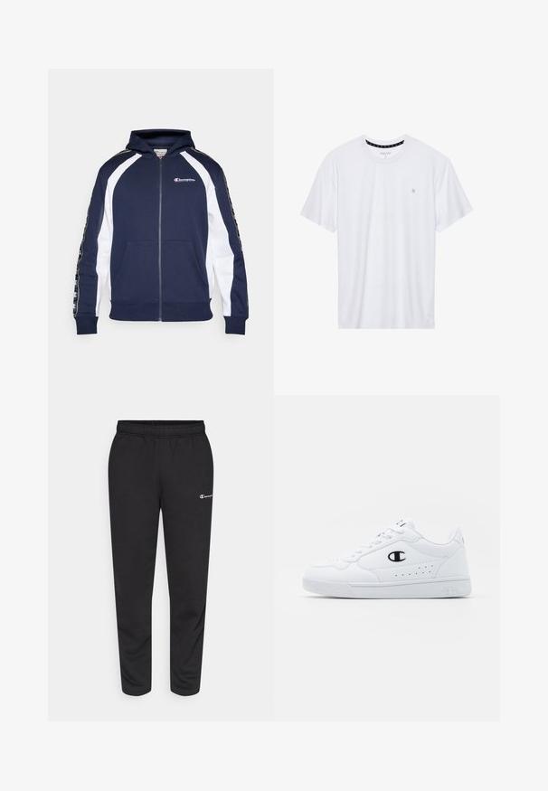 Casaco com fecho éclair em azul-marinho e branco, feito de tecido macio, apresentando um bolso tipo canguru, capuz e detalhes com logótipos nas mangas.; Camiseta branca de gola redonda feita de algodão, com mangas curtas e um pequeno logótipo bordado na área do peito esquerdo. Textura suave.; Calças de moletão pretas feitas de uma mistura de algodão, com um cós elástico e um pequeno logotipo branco no lado esquerdo. Design de pernas afuniladas.; Sapatilhas brancas de desporto com um cabedal sintético liso, detalhes em preto no logótipo e perfurações na lateral. Sola em borracha.