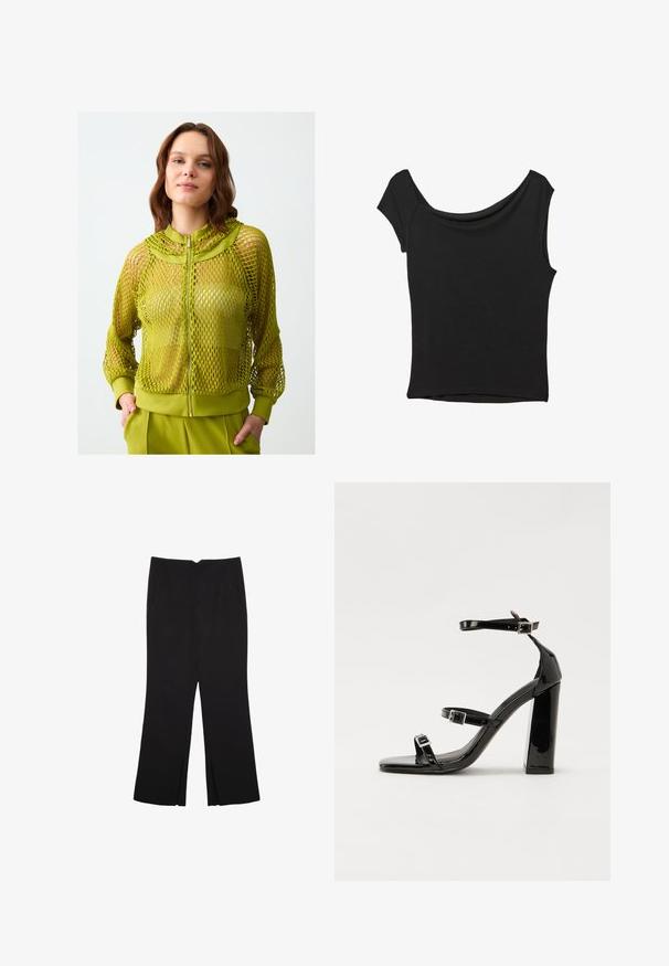 Limegrüne Mesh-Reißverschlussjacke mit hohem Kragen, gerippten Bündchen und einem festen, gefütterten Saum. Verfügt über ein durchsichtiges Muster und eine leichte Textur.; Schwarzes Kurzarmoberteil aus glattem Stoff; hat einen drapierten Ausschnitt und einen asymmetrischen Saum, mit einem figurbetonten Körper.; Schwarze Hose mit geradem Schnitt, ausgestattet mit Fronttaschen und Seitenschlitzen am Saum. Hergestellt aus weichem, glattem Stoff. Geeignet für verschiedene Anlässe.; Schwarze Lackleder-Sandalen mit hohen Absätzen, zwei Riemen mit Schnallen, quadratischer Zehenpartie und klobigem Blockabsatz, mit einer glatten, glänzenden Textur.