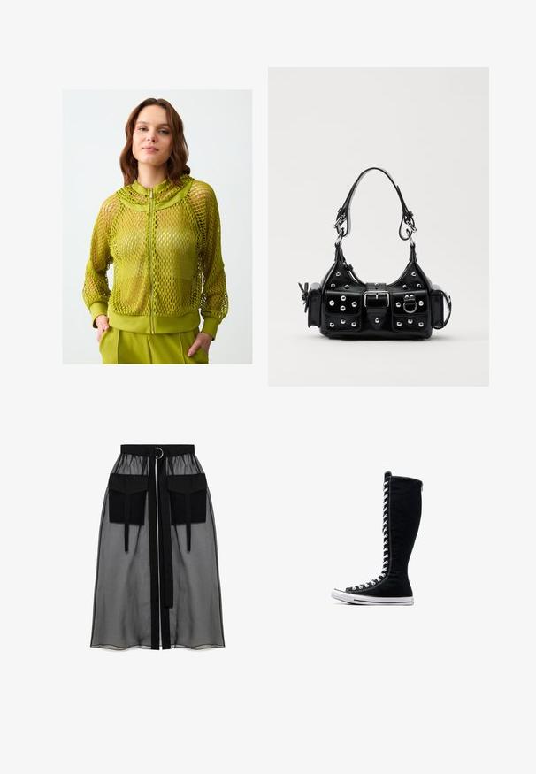 Veste zippée en maille vert lime avec un col haut, des poignets côtelés et un ourlet en bande solide. Présente un motif transparent et une texture légère.; Crop top noir à manches longues, présentant un col haut, un panneau en mesh transparent à la taille et des coutures structurées pour un design ajusté.; Jupe noire transparente avec une taille froncée, dotée de deux grandes poches avant, d'une ceinture à nouer et d'un accent en métal circulaire.; Baskets montantes noires avec un design haut, réalisées en toile. Elles présentent des lacets blancs, des coutures et une semelle en caoutchouc avec un capuchon au niveau des orteils.; Sac à main en cuir noir au design courbé, avec des clous en argent, une boucle et deux poches latérales. Bandoulière réglable pour différentes options de transport.