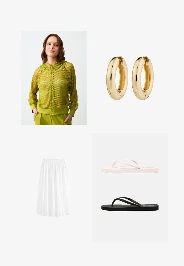 Jasnozielona siatkowa kurtka na zamek z wysokim kołnierzem, ściągaczami przy mankietach oraz solidnym, elastycznym dołem. Posiada przezroczysty wzór oraz lekką teksturę.; Even&Odd - Bluzka z długim rękawem; Biała spódnica do kolan wykonana z lekkiego materiału. Posiada elastyczny pas, który umożliwia dopasowanie, oraz miękkie drapowanie.; Białe i czarne gumowe klapki z teksturowanym wkładem, cienkimi paskami i kontrastującymi kolorami. Każda para ma prosty design i minimalne oznaczenia marki.; Złote kolczyki w kształcie kół z gładką, polerowaną powierzchnią i zaokrąglonym kształtem. Wewnętrzna krawędź ma subtelny detal w formie szczeliny do zapięcia.