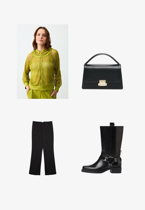 Lime green mesh zip-up jacket with a high collar, ribbed cuffs, and a solid banded hem. Features a sheer pattern and lightweight texture.; Black tank top made of cotton, featuring a round neckline and wide armholes. Smooth texture with stitched hems. Classic, minimalist design.; Black trousers with a straight fit, featuring front pockets and side slits at the hem. Made of soft, smooth fabric. Suitable for various occasions.; Black leather knee-high boot with a pointed toe, silver buckle accents, and a chunky heel. Features a pull tab for easy wear.; Black leather handbag with a structured design, top handle, and a gold metal clasp detail on the front. Smooth texture, minimal stitching.