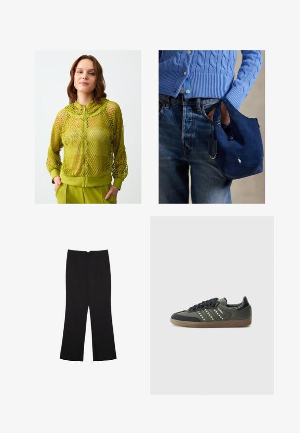 Jasnozielona siatkowa kurtka na zamek z wysokim kołnierzem, ściągaczami przy mankietach oraz solidnym, elastycznym dołem. Posiada przezroczysty wzór oraz lekką teksturę.; Czarny top na ramionczkach wykonany z bawełny, z okrągłym dekoltem i szerokimi wycięciami na ramionach. Gładka tekstura z przeszytymi brzegami. Klasyczny, minimalistyczny design.; Czarne spodnie o prostym kroju, z przednimi kieszeniami i bocznymi rozcięciami na dole. Wykonane z miękkiego, gładkiego materiału. Odpowiednie na różne okazje.; adidas Originals SAMBA OG czarny; Zamszowa granatowa torebka o miękkiej fakturze, z dwoma uchwytami i małą przymocowaną metką. Na froncie znajduje się biały logo, a dół torebki jest zaokrąglony.