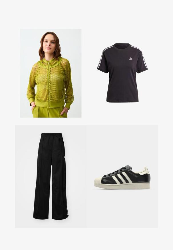 Limegroene mesh ritjack met een hoge kraag, ribbelmanchetten en een stevige band aan de onderkant. Heeft een doorschijnend patroon en een lichte textuur.; Zwart katoenen t-shirt met korte mouwen en ronde hals, met witte strepen op de schouders en een klein wit Adidas-logo op de borst.; Zwarte wijde trainingsbroek met een elastische tailleband, voorzien van witte zijkanten en een klein logo op de linker heup. Stevige stoftextuur.; Zwarte leren sneaker met witte strepen, rubberen teenbescherming, zwarte veters en een crèmekleurige loopzool. Glad oppervlak met een glanzende afwerking.