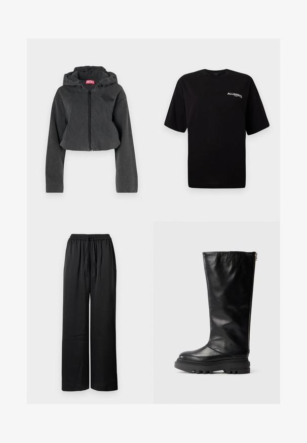 Κοντό γκρι φούτερ από μαλακό ύφασμα με μπροστινό φερμουάρ, κουκούλα και μαύρη λογότυπη λεπτομέρεια στο στήθος. Διαθέτει μακριά μανίκια.; Μαύρο βαμβακερό T-shirt με στρογγυλή λαιμόκοψη, κοντά μανίκια και μικρό λευκό λογότυπο "ALLSAINTS" στην αριστερή πλευρά του στήθους. Απαλή υφή, άνετη εφαρμογή.; Μαύρο παντελόνι με φαρδιά ποδιά, ελαστική μέση, κλείσιμο με κορδόνι και ομαλή υφή. Διαθέτει άνετη και ελεύθερη εφαρμογή για άνεση και κινητικότητα.; Μαύρη δερμάτινη μπότες μέχρι το γόνατο με στρογγυλή μύτη, χοντρή καουτσούκ σόλα και φερμουάρ στο πλάι για κλείσιμο. Απαλή υφή με ελάχιστες λεπτομέρειες.