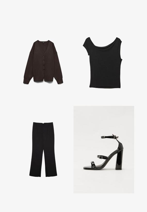 Cardigan marrone a scollo a V con maniche lunghe e ampie, cinque bottoni sulla parte frontale e un tessuto morbido e testurizzato con spalle a caduta.; Top nero a maniche corte realizzato in tessuto liscio; presenta un colletto drappeggiato e un orlo asimmetrico, con una vestibilità aderente.; Pantaloni neri a gamba dritta, con tasche frontali e spacchi laterali all'orlo. Realizzati in tessuto morbido e liscio. Adatti a diverse occasioni.; Sandali con tacco in vernice nera, con punta squadrata, cinturini alla caviglia e fibbie in argento. Presentano un tacco a blocco spesso per maggiore stabilità.