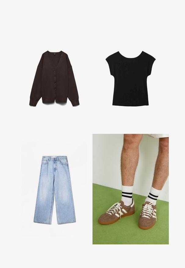 Cardigan marron à col en V avec des manches longues et larges, cinq boutons sur le devant et un tissu doux et texturé avec des coutures d'épaule abaissées.; Haut noir à manches courtes avec un large col et une coupe ample. Fabriqué en tissu doux sans motifs ni embellissements visibles.; Bershka WIDE-LEG - Wide Leg - light-blue denim; Baskets en daim marron avec des accents et des lacets blancs. Semelle en caoutchouc gomme. Portées avec des chaussettes blanches à rayures noires. Sol texturé vert.
