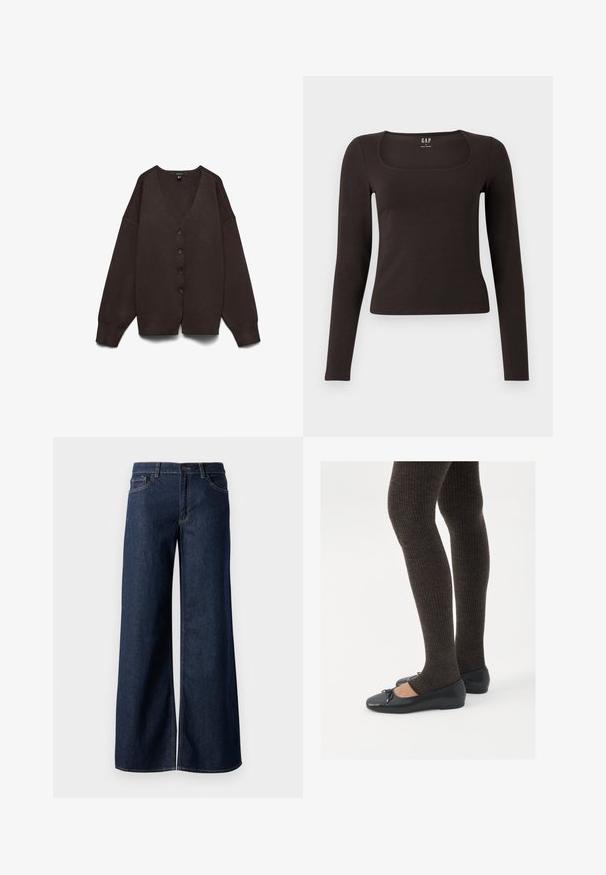 Rjav v-izrez kardigan z dolgimi, širokimi rokavi, petimi gumbi spredaj in mehkimi, teksturiranimi materiali z spuščeno ramensko šivom.; Črn dolg rokav, prilegajoča majica s kvadratnim izrezom, označena z GAP, prikazana na belem ozadju.; Široke hlače iz temnega modrega denima. Imajo kontrastno šivanje, pet žepov in gumbasto zapiranje v pasu. Gladka tekstura.; Črne ravne čevlje z majhnim lokom na prstih, v kombinaciji s temno rjavimi rebrastimi nogavicami. Čevlji imajo gladko teksturo in nizko obliko.