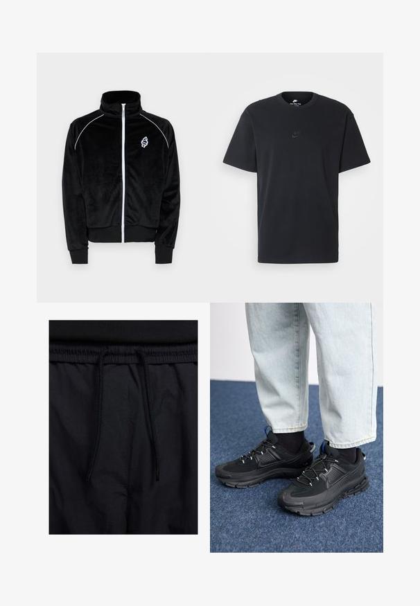 Giacca nera in velluto con zip e colletto alto, con accenti in piping bianco e un piccolo logo. Presenta polsini e fondo a costine.; T-shirt in cotone nero della Nike con collo rotondo classico, maniche corte e un logo in rilievo discreto sul petto. Texture liscia.; Shorts neri con vita regolabile tramite coulisse, tessuto leggero con una texture liscia e un design semplice senza loghi o motivi visibili.; Scarpe sportive nere con tessuto testurizzato e suole in gomma, dotate di lacci elastici e un accento blu sul tallone. Indossate con pantaloni in denim chiaro.