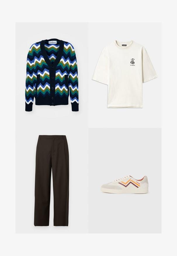 Dažādkrāsains adīts džemperis ar zigzaga rakstu jūras zilā, zaļā, baltā un zilā krāsā, ar V-veida kakla izgriezumu, pogām un kabatām.; Kremkrāsas oversize T-krekls, izgatavots no kokvilnas. Satur īsas piedurknes un mazu melnu čūskas grafiku kreisajā krūtīs.; Brūnas platām kājām bikses, izgatavotas no gludas auduma, ar plakanu priekšpusi bez redzamām kabatām vai rotājumiem.; Gaišā pelēkā krāsā nokrāsotas zamša kedas ar oranžām, bordo un krēmkrāsām zigzaga svītrām. Gumijas zole, apaļš purngals un acs auklošanai. Logo uz sāna.