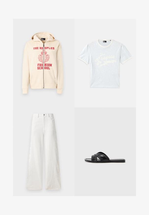 Μπεζ φούτερ με φερμουάρ και κόκκινο εκτυπωμένο κείμενο "THE KOOPLES FASHION SCHOOL" και σχέδιο κορώνας. Διαθέτει κουκούλα και δύο μπροστινές τσέπες.; Ανοιχτό μπλε κοντομάνικο μπλουζάκι με κρεμ γιακά και φουσκωτά μανίκια, με λευκό κείμενο "The Kooples" και σχέδιο αστραπής.; Λευκά παντελόνια από τζιν με φαρδύ πόδι, διακοσμημένα με κεντήματα στο πλάι και σε παραδοσιακή πεντα-pocket σχεδίαση. Κλείσιμο με φερμουάρ και κουμπί.; Μαύρες σανδάλες με λείο δερμάτινο φινίρισμα, που διαθέτουν διασταυρούμενες λωρίδες και κομμένες λεπτομέρειες, και μια επίπεδη, ευλύγιστη σόλα.