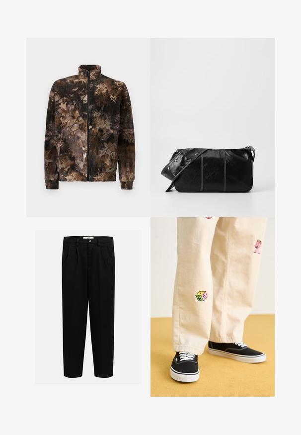 Fleecejakke i brun og sort camouflage mønster, med høj krave, hel lynlås og elastiske manchetter og kant. Blød tekstur.; Cremefarvet bomulds t-shirt med korte ærmer og rund halsudskæring. Har et grafisk print i blåt og rødt med tekst og motiv.; Sorte bukser lavet af blødt stof, med lige ben design, front folder og knaplukning i taljen.; Beige bomuldsbukser med legende broderede designs, herunder en lyserød karakter og farvede blokke, parret med sorte snørebåndssneakers.; Sort læder skuldertaske med lynlås, der har en tekstureret overflade, hvid syning og en rem med sølvøskner.