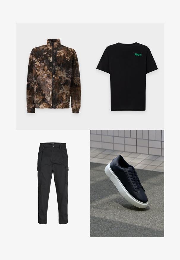 Rudų ir juodų kamufliažo rašto pūkų striukė su aukštu apykakle, pilno ilgio užtrauktuku ir elastingais rankogaliais bei juosmeniu. Minkšta tekstūra.; Juodas medvilninis marškinėliai trumpomis rankovėmis. Priekyje yra žalias „ROOTS“ logotipas, apvalus iškirpimas ir standartinė prigludimo forma.; Juodi krovinių tipo džinsai, pagaminti iš tvirto audinio, su keliais kišeniais, mygtuko uždarymu ir siauru, prigludusiu dizainu su siaurėjančiomis kojomis.; Juodas odinis sportbačius su apvaliu pirštu ir baltu gumuotu padu. Turi plokščias raišteles ir minimalų siuvimą viršuje. Padangos tekstūra užtikrina sukibimą.