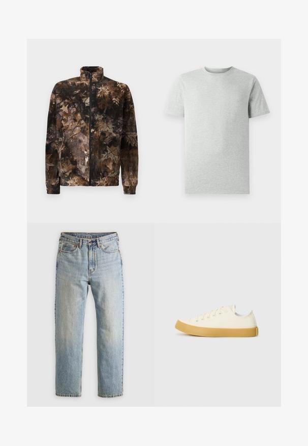 Fleece jacket in brown and black camouflage pattern, featuring a high collar, full-length zipper, and elastic cuffs and hem. Soft texture.; Plain light gray short-sleeve crew neck T-shirt displayed on a white background, front view with no visible logos or designs.; Light blue denim jeans with high waist, front button, zipper, and five-pocket design, laid flat on a neutral background.; Canvas sneakers in off-white with a round toe, featuring beige rubber soles and five eyelets for laces, textured finish on the upper.