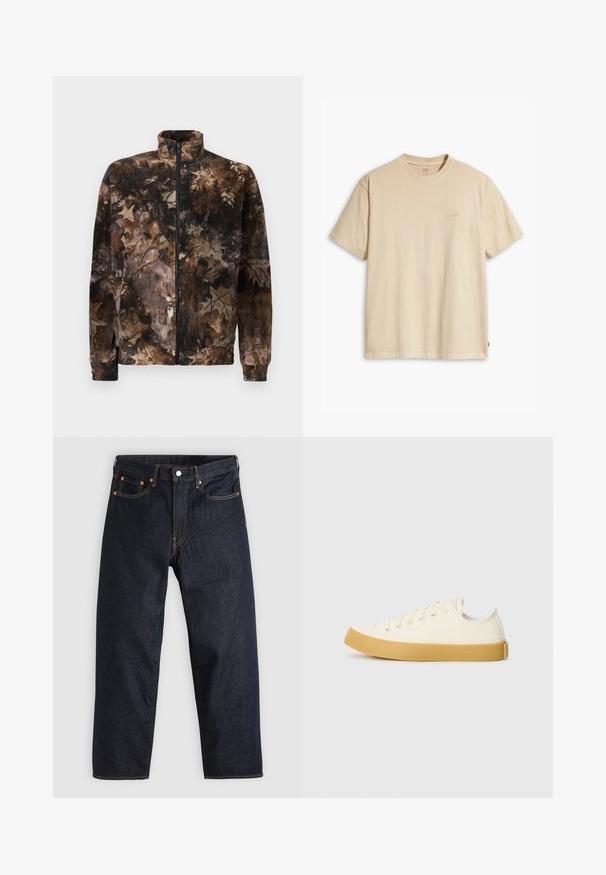 Fleecejacke im braunen und schwarzen Camouflage-Muster, mit hohem Kragen, durchgehendem Reißverschluss sowie elastischen Bündchen und Saum. Weiche Textur.; Beige Baumwoll-T-Shirt mit Rundhalsausschnitt und kurzen Ärmeln. Verfügt über ein dezentes "Levi's"-Logo in der gleichen Farbe auf der Brust. Weiche Textur.; Dunkelblaue Jeans aus Denim mit geradem Schnitt, fünf Taschen, kontrastierenden orangen Nähten und einem Knopfverschluss. Keine sichtbaren Muster oder Verzierungen.; Leinensneaker in Off-White mit runder Zehenpartie, ausgestattet mit beigen Gummisohlen und fünf Ösen für Schnürsenkel, mit strukturiertem Finish auf dem Obermaterial.
