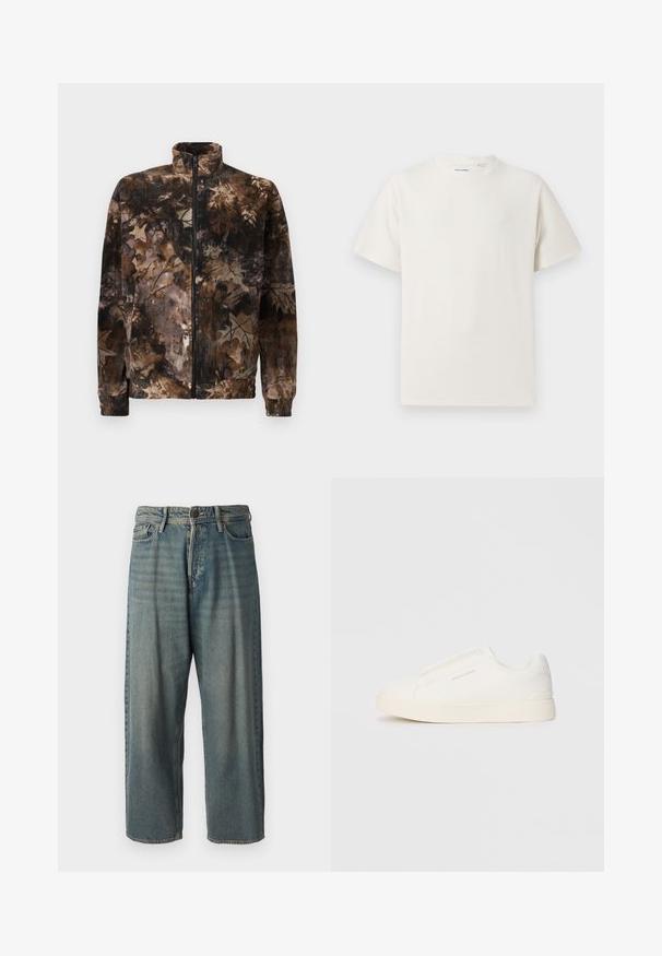 Fleece jacket in brown and black camouflage pattern, featuring a high collar, full-length zipper, and elastic cuffs and hem. Soft texture.; White short-sleeve T-shirt in a ribbed texture. Round neckline, relaxed fit, no visible patterns or accents. Simple and versatile design.; Light blue denim jeans with a loose fit, mid-rise waist, and straight legs. Features five pockets, belt loops, and a button closure.; White slip-on sneakers with a textured surface, a thick sole, and minimalistic design. Features brand logo on the side.