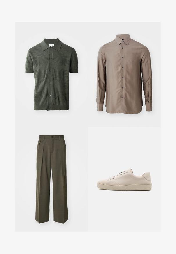 Oliivinvihreä lyhythihainen polo-paita, jossa on teksturoitu lehtikuvio, napit edessä ja klassinen kaulustyyli. Neulottu kangas.; Pitkähihaisessa paidassa on taupe-väri, se on valmistettu sileästä kankaasta ja siinä on napitettava etuosa tummilla napeilla. Rinnassa on pieni logo.; Filippa K WIDE TROUSERS - Housut - driftwood; Beige nahkakengät, joissa on sileä pinta, pyöreä kärki, tasapohja ja klassinen nauhakiinnitys. Huomaamattomat ompeleet ja teksturoitu pohja.