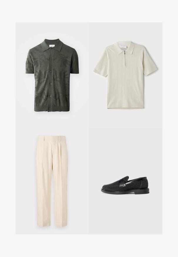 Olivgrünes Polohemd mit kurzen Ärmeln und einem strukturierten Blattmuster, Knopfleiste und klassischem Kragen Design. Strickstoff.; Kurzärmliges Poloshirt in hellbeige mit Reißverschlusskragen. Hergestellt aus glattem Stoff, bietet es ein einfaches, modernes Design ohne Muster.; NN.07 KAY - Stoffhose - off white; Schwarzer geflochtener Slipper mit einem glatten Lederakzent im Obermaterial, einem runden Zehendesign und einer flachen Gummisohle.