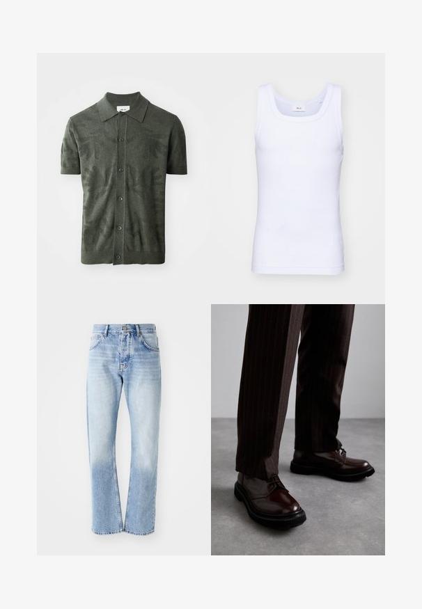 Maslinasto zelena polo majica kratkih rukava s teksturiranim uzorkom lišća, s dugmadi sprijeda i klasičnim dizajnom ovratnika. Pletena tkanina.; Bijela pamučna bezrukavna majica s okruglim izrezom, s glatkom teksturom i prilagođenim oblikom, dizajnirana za ležerno nošenje.; Svijetloplave traperice ravnog kroja. Imaju dizajn s pet džepova, dugmasti patent zatvarač i izblijedjelu teksturu prema dnu.; Smeđe kožne cipele s vezicama i sjajnim finišom, crna gumena potplata i suptilno šivanje. Nosene s smešanim smešnim smeškom smešnim smeškom.