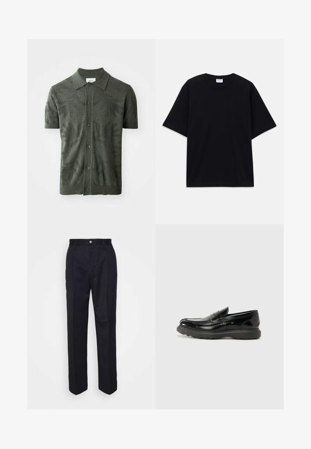 Olivově zelené polo tričko s krátkým rukávem, s texturovaným vzorem listů, zapínáním na knoflíky a klasickým límečkem. Pletená tkanina.; Černé oversized tričko s krátkým rukávem, kulatým výstřihem a viditelnou značkou Filippa K uvnitř límce.; Černé kalhoty na míru s rovně střiženým designem, vyrobené z hladké látky, s předním zapínáním na knoflík a dvěma bočními kapsami.; Černé kožené mokasíny s lesklým povrchem, kulatou špičkou, nenápadnými švy a silnou gumovou podrážkou pro odolnost.
