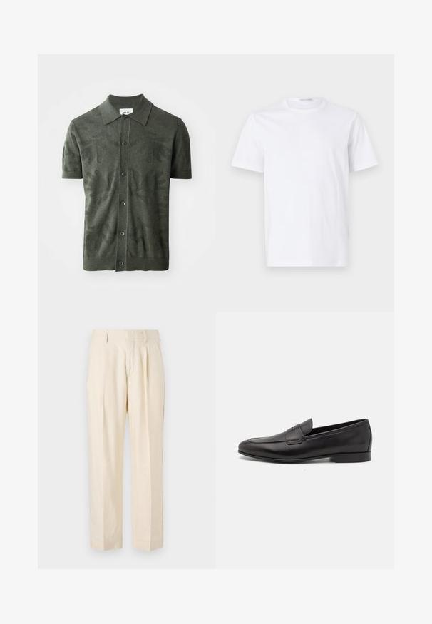 Polo verde-oliva de manga curta com um padrão texturizado de folhas, frente com botões e um design de colarinho clássico. Tecido malhado.; T-shirt de algodão branco com decote redondo e mangas curtas. Textura suave, corte reto e design minimalista, sem padrões ou detalhes.; NN.07 KAY - Calças - off white; Sapatilha masculina em couro preto, com salto baixo e um design clássico com tira de moeda, apresentada em perfil lateral sobre um fundo branco.