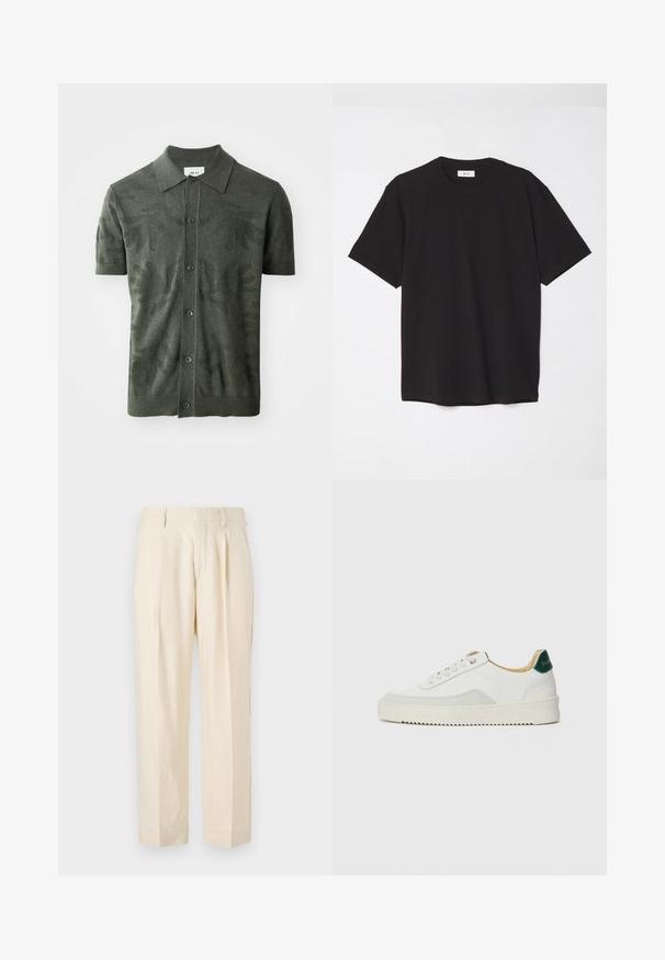 Olive green short-sleeve polo shirt with a textured leaf pattern, button front, and a classic collar design. Knitted fabric.; Black cotton t-shirt with a crew neck, short sleeves, and a relaxed fit. Simple design, smooth texture, and no visible patterns or logos.; NN.07 KAY - Trousers - off white; White sneaker with suede accents, rounded toe, flat laces, and a cream rubber sole. Features green branding on the heel.