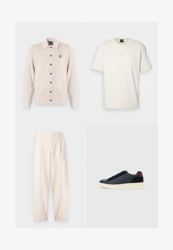 Gai beidzis kardigans ar apkakles izgriezumu, ar melnu pogu rindu un mazu dzeltenu putnu logotipu kreisajā krūtī.; BOSS TEE - Pamata T-krekls - open white; Beige pielāgotas bikses ar augsto vidukli, krokām un taisnu kāju dizainu. Izgatavotas no gludas auduma, ar sānu kabatām un tīru apdari.; Zemāko vīriešu sporta apavu modelis melnā ādas un zamša apdarē ar bordo krāsas papēža cilpu un baltu gumijas zoli, skatoties no ārējās puses.