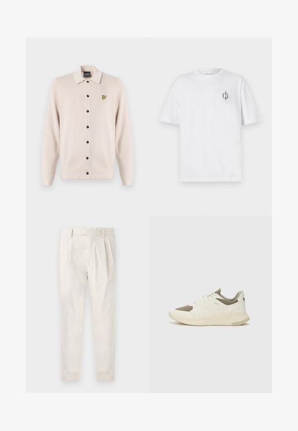 Kerge beeži värvi kardigan, millel on kraega kaelus, mustast nupust seeria ja väike kollane linnu logo vasakul rinnal.; Valge puuvillane t-särk lõdva sobivusega, millel on vasakul rinnal väike must graafiline logo. Lühikesed varrukad, ümmargune kaelus.; Valged volditud püksid, mis on kohandatud sobivusega, sujuva tekstuuriga, vööloopidega ja kitsenevate jalgadega. Pole nähtavaid taskuid ega mustreid.; Valge ja heledat beeži värvi spordijalats, millel on õhuke võrkmaterjal, perforatsioonidega detailid ning tekstuuriga vahetald, millel on brändi logo kannaosas.