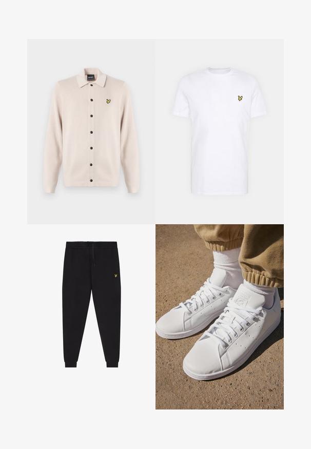 Light beige cardigan with a collared neckline, featuring a row of black buttons and a small yellow bird logo on the left chest.; White cotton T-shirt featuring a small black and yellow embroidered logo on the left chest. Short sleeves and a crew neckline.; Black jogger pants with elastic waistband and drawstring, tapered legs with cuffs, and small yellow embroidered logo on right thigh.; White leather sneakers with a smooth surface, featuring a classic lace-up design, perforations for breathability, and a textured rubber outsole.