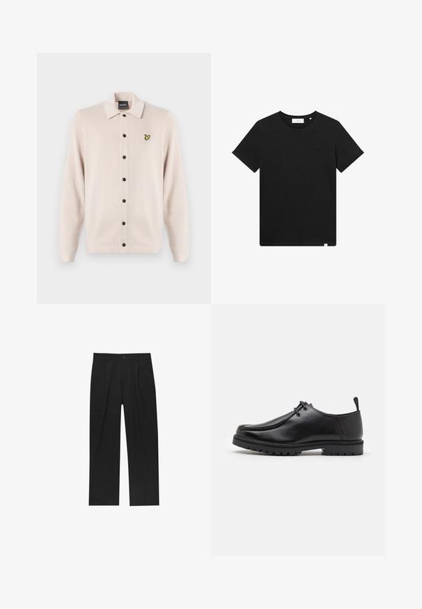 Svetlo bež kardigan z ovratnikom, ki ima vrsto črnih gumbov in majhno rumeno ptico na levem prsnem delu.; Črn kratkolasasti T-majica iz bombaža z okroglim izrezom in majhnim logotipom vezenim na prsih. Gladka tekstura, standardna prileganja.; Črne hlače z ravnim krojem, narejene iz gladkega materiala. Imajo sprednje gube in enojno zaponko na pasu.; Črne usnjene čevlje na vezanje z robustnim podplatom in zanko na peti, prikazani s strani na beli podlagi.