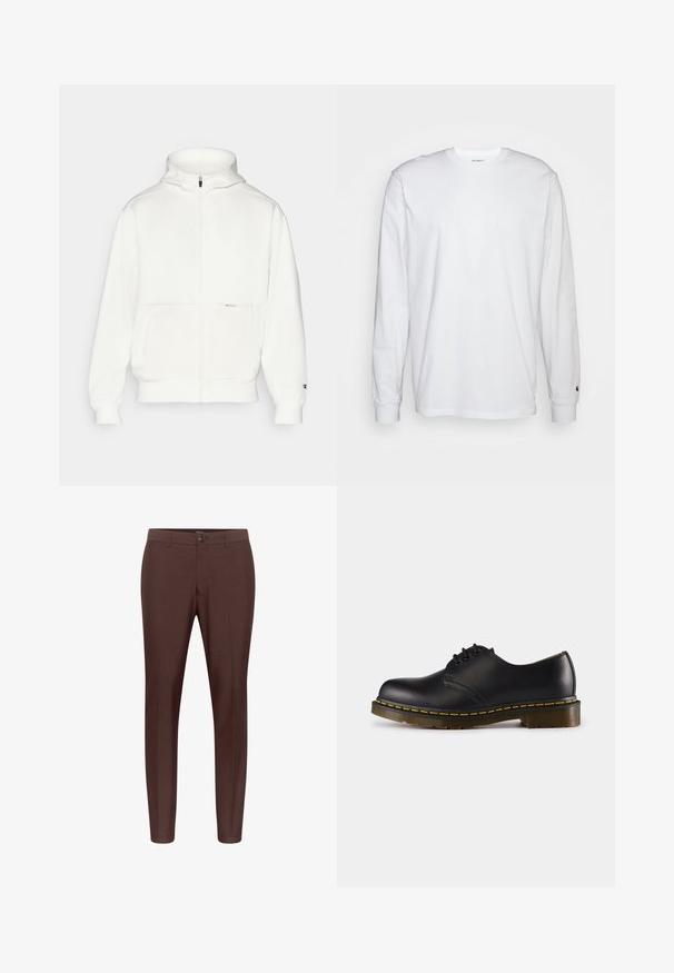 Balta užtrauktuku užsegama Hoodie su aukštu apykakle, priekinėmis kišenėmis ir elastingomis rankovėmis. Pagaminta iš minkštos medžiagos su subtiliu blizgesiu ir be matomų raštų.; Balta, ilga rankovė T-maiša, pagaminta iš medvilnės. Apvalios iškirptės dizainas su raukiniais ant rankovių ir nedidelis logotipas ant kairės rankovės. Glotni tekstūra.; Rudos pritaikytos kelnės su lygiu priekiu, diržo kilpomis ir vienu mygtuko uždarymu. Pagamintos iš lygaus audinio su tiesiomis kojomis.; Juodos odinės batai su apvaliu pirštu, su raišteliais, geltonu siūliniu aplink padą ir masyviu, tekstūruotu guminiu padu.