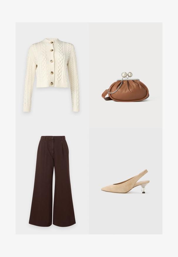 WEEKEND MaxMara AFOSI - Kardiganas - latte; Rudas ilgomis rankovėmis palaidinė su aukštu kaklu, pagaminta iš minkštos, tekstūrinės medžiagos. Pasižymi paprastu dizainu ir tiesiais rankovėmis.; Aukšto juosmens platėjančios rudos kelnės su mygtuku ir užtrauktuku, dirželių kilpomis ir priekinėmis raukšlėmis.; Šviesiai rudos suknelės suknelės su smailiu pirštu ir skaidriu, apvaliu kulnu. Lygus tekstūros ir minimalistinis dizainas.; Ruda odinė rankinė su sidabriniu rutuliniu užsegimu ir maža sidabrine grandinėle ant balto fono.