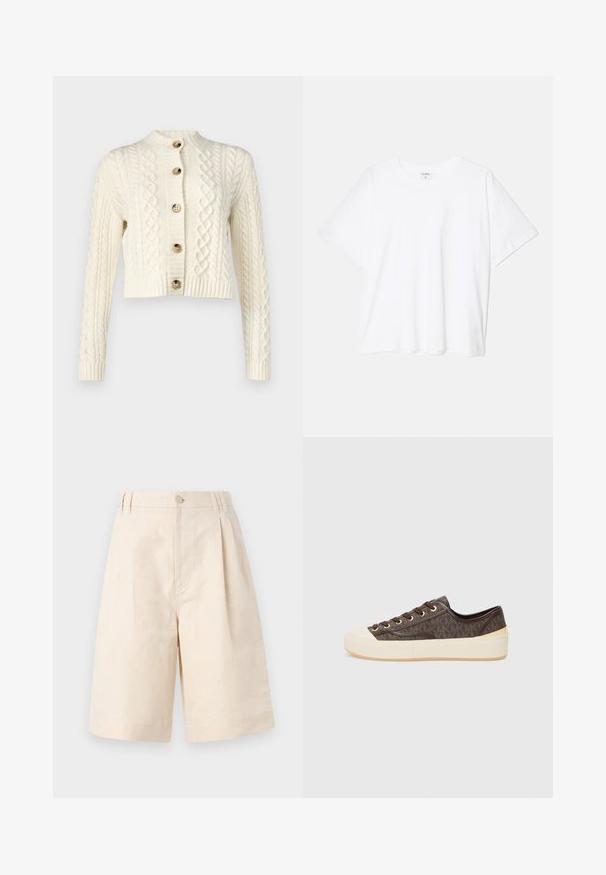 WEEKEND MaxMara AFOSI - Cardigan - latte; Hvit bomulls t-skjorte med korte ermer, rund hals, avslappet passform og sydd kant. Merke synlig på innsiden av halsen.; Beige linshorts med avslappet passform, med knappeåpning, plissédesign og kne-lengde. Glatt tekstur og enkel stil.; Brune mønstrede kanvas sneakers med gyldne øjer, snørebåndslukning og en hvid gummitåspids og sål. Med en tekstureret finish.