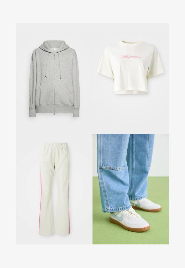 Svetlošedá mikina na zips vyrobená z mäkkého materiálu, s klokánkovou kapsou, nastaviteľnou kapucňou so šnúrkou a malým logom Nike.; Krátky, smotanový tričko vyrobené z bavlny. Obsahuje ružový vyšívaný logotyp s nápisom "Nike Sportwear." Krátke rukávy a okrúhly výstrih.; Svetlo béžové nohavice s elastickým pásom, s ružovými bočnými panelmi a bočnými vreckami. Hladká textúra s rovnými nohavicami.; Biele tenisky s svetlomodrými akcentmi, texturovaný sieťovaný zvršok a béžová gumená podrážka, spárované s voľnými svetlomodrými riflami.