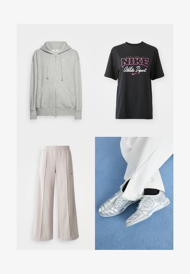 Világosszürke, cipzáras kapucnis pulóver, puha anyagból készült, kanguru zsebbel, állítható húzózsinórral a kapucnin és egy kicsi Nike logóval.; Fekete pamut póló, rózsaszín és fehér grafikai nyomattal, rajta a "JUST DO IT", "NIKE" és "Athletic Depart" feliratokkal. Szabványos fazon.; Világosszürke, bő szabású nadrág sima anyagból. Gumírozott derékrésszel és fekete Nike logóval a bal oldalon.; Ezüst sportcipők sima, fényes felülettel, varrott mintázattal és a 90-es számmal az oldalán, fehér nadrággal párosítva.