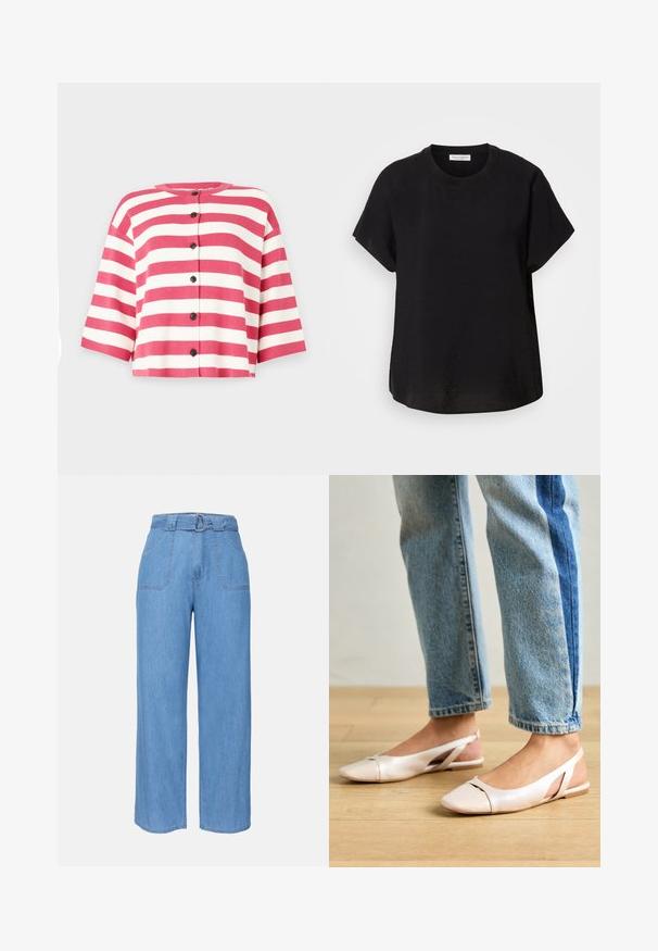 Trumpa rankovėmis kardiganas su rožinėmis ir baltomis horizontaliomis juostelėmis, turintis apvalų iškirpimą ir penkis juodus mygtukus priekyje.; Juodas trumpas rankovėmis marškinėliai su apvaliu kaklu. Pagaminti iš lengvos medžiagos, turi laisvą siluetą ir tiesią apatinę dalį.; Šviesiai mėlynos džinsinio audinio plačios kojinės kelnės su diržu, dviem priekinėmis kišenėmis ir lygiu paviršiumi. Pasižymi minimalistiniu dizainu ir švariomis linijomis.; Šviesiai rožiniai slingback baleto bateliai su smailiu pirštu, pagaminti iš lygios odai panašios medžiagos. Yra išpjovimų detalės šonuose ir plokščias kulnas.