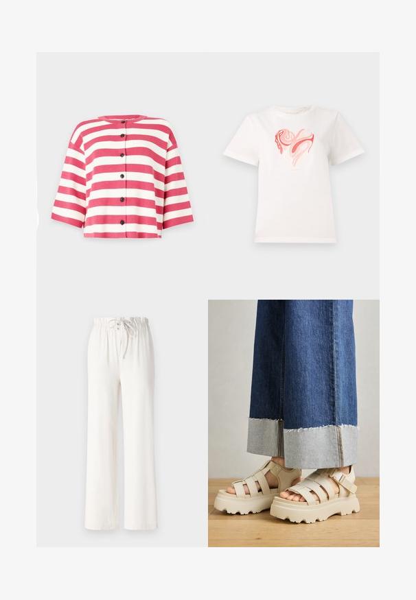 Cardigã de mangas curtas com riscas horizontais rosa e brancas, apresentando um decote redondo e cinco botões pretos à frente.; T-shirt branca de algodão com um gráfico de coração em tons de rosa e coral, com padrões abstratos em espiral no centro. Mangas curtas, decote redondo.; Calças largas brancas feitas de tecido macio, com uma cintura elástica e textura suave. Sem padrões ou adornos visíveis.; Sandálias de plataforma bege com solas grossas apresentam um design de tiras e correias ajustáveis ao tornozelo. Usadas com calças de ganga de perna larga, uma bainha está desfiada.