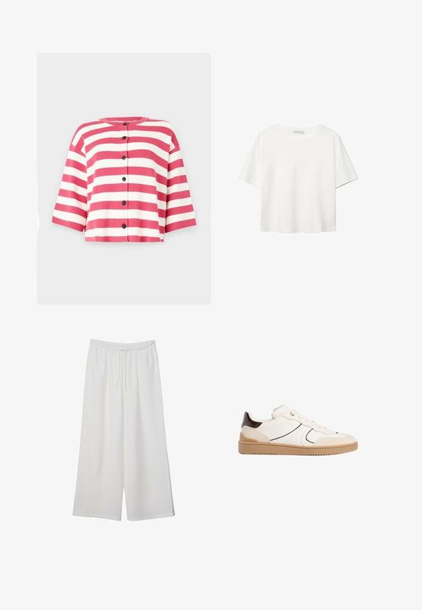 Krátký rukáv kardigan s růžovými a bílými vodorovnými pruhy, s kulatým výstřihem a pěti černými knoflíky vpředu.; Bílý krátký rukáv tričko vyrobené z bavlny. Má kulatý výstřih a volný střih. Hladký materiál bez viditelných vzorů nebo akcentů.; Bílé kalhoty s širokými nohavicemi vyrobené z lehké tkaniny, s elastickým pasem a stahovací šňůrkou pro nastavitelnou velikost. Hladká textura.; Stradivarius Tenisky - white