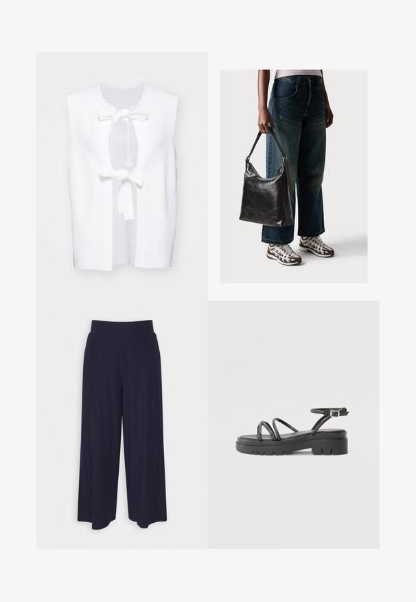 Balta be rankovių liemenė su tekstūruota medžiaga, turinti apvalią iškirptę ir priekiniu užsegimu su raišteliu. Paprastas, švarus dizainas su atvirais šonais.; Trumpa balta medvilnės marškinėliai su trumpomis rankovėmis, apvaliu kaklu ir tiesiu hemu, pasižyminti lygiu tekstūriu ir minimaliu dizainu.; Plati kojinės tamsiai mėlynos spalvos audiniu su vagelėmis. Turi lygų juosmenį ir laisvą siluetą, kuris siekia iki pusės blauzdos.; Juodas sandalų modelis su storesne viena, plonomis dirželiais ir sagtimi ant kulkšnies. Lygi tekstūra su šiurkščiu pado dizainu.; Juodas odinis peties krepšys su lygiu paviršiumi ir reguliuojama dirželiu, derinamas su nublukusiais plačiapurčiais džinsais ir sportiniais batais.