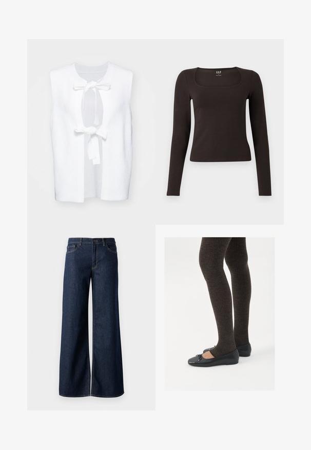 Valge ilma varrukateta kampsun tekstuuriga kangast, ümmarguse kaelusega ja ees oleva sõlme kinnitusega. Lihtne ja puhas disain avatud külgedega.; Must musta, sobiv ülikond, neljakandiline kaelus, sildiga GAP, valge tausta peal.; Laiad teksad tumesinises denimis. Omab kontrastõmblusi, viit taskut ja nupukinnitust vööl. Sile tekstuur.; Mustad mustad kingad väikese teksaga varvaste juures, koos tumedate pruunide ribakangastega. Kingadel on sile tekstuur ja madal profiil.