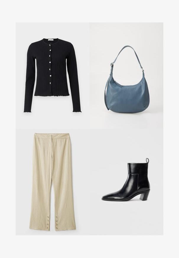 Černý žebrovaný kardigan s dlouhým rukávem a kulatým výstřihem, který má šest bílých knoflíků a vlnitý lem na manžetách a spodním okraji.; Černý bezramínkový top s kulatým výstřihem a klíčovou dirkou na zádech. Obsahuje vertikální záhyby pro texturu. Hladká látka s mírným leskem.; Béžové kalhoty s širokými nohavicemi a texturovanou látkou. Mají plochý pas a pět knoflíků na lemu pro zapínání. Složení se záhyby.; Černá kožená kotníková bota s špičatou špičkou, geometrickou tvarovanou podpatkem a poutkem na zadní straně. Hladká textura a elegantní design.; Modrá kožená kabelka s oblámi tváři, jedním ramenním popruhem, zipovým uzavřením a embosovaným názvem značky na přední straně. Hladký povrch.