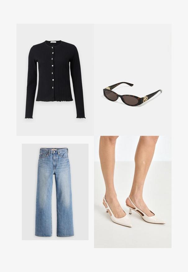 Černý žebrovaný kardigan s dlouhým rukávem a kulatým výstřihem, který má šest bílých knoflíků a vlnitý lem na manžetách a spodním okraji.; Dlouhý rukáv s rolákem v světle béžové barvě. Vyrobeno z měkké, elastické látky s volným střihem a přehnutým výstřihem.; Světle modré džínové široké nohavice s vysokým pasem, vybledlými oblastmi, pěti kapsami a kontrastním prošitím. Klasické zapínání na knoflík a zip.; Béžové lakované lodičky na podpatku s špičatou špičkou a 5 cm podpatkem, se vykrojenými boky a tenkým kotníkovým páskem.; Brýle sluneční s kočičím vzorem, prodloužené oválné čočky, hnědý odstín, zlaté logo na spáncích a elegantní černé nožičky.; Zakřivená krémová kožená kabelka s jedním popruhem, zlatými kovovými prvky a jemným logem ve spodní části. Zapínání na zip podél horního okraje.