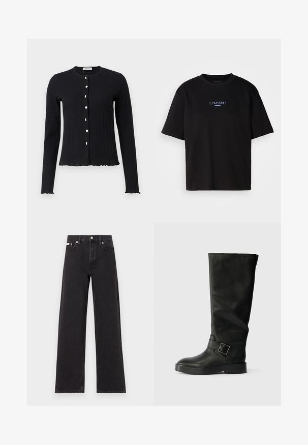 Fekete bordás, hosszú ujjú kardigán kerek nyakkivágással, hat fehér gombbal és fodros szegéllyel a mandzsettákon és az alján.; Fekete pamut póló kerek nyakkal, rövid ujjú, elöl kék hímzett "Calvin Klein JEANS" logóval.; Fekete, bőszárú farmernadrág, magas derekú, öt zsebes kialakítással és fém gombos záródással, kontrasztos varrással.; Fekete, térdig érő csizmák, sima bőrből, lekerekített orral, vastag talppal és egy vízszintes pánttal, amely téglalap alakú csat részlettel rendelkezik.