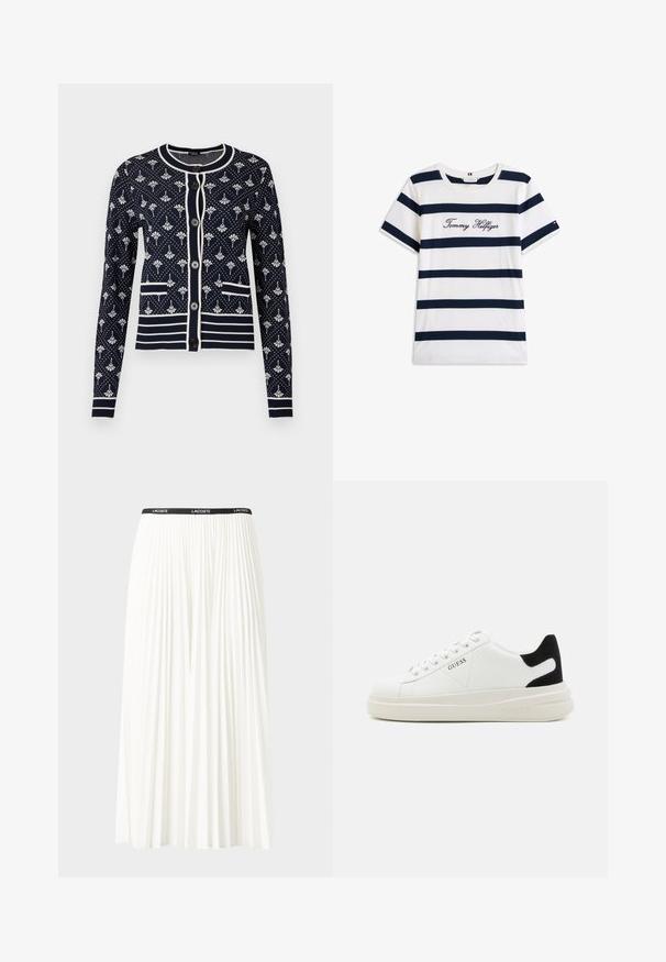 Navy cardigan with white floral pattern, featuring ribbed trim and striped accents. Five buttons down the front and two front pockets.; Cotton T-shirt with horizontal navy stripes on a white background. "Tommy Hilfiger" embroidered in cursive on the chest. Crew neckline.; Pleated white skirt with a black elastic waistband featuring the "LACOSTE" logo. Mid-length design with soft texture.; White leather sneakers with a thick white sole, black suede heel accent, and embossed logo on the side. Laced design with six eyelets.