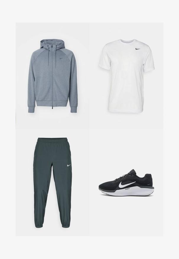 Lys grå hettegenser med glidelås foran, snorhette og raglanermer. Har en liten svart logo på brystet. Myk stofftekstur.; Hvit kortermet t-skjorte laget av glatt stoff. Har rund hals og en liten svart Nike-logo på venstre bryst.; Nike treningsbukser i mørkegrønn, med elastisk midje, tapered benform og en subtil reflekterende logo på siden.; Sorte treningstøvel med teksturert stoffoverdel, hvit Nike-logo, polstret krage og lett såle med synlig luftenhet.