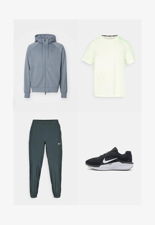 Světlé šedé mikina s kapsou na zip, kapucí se šňůrkou a raglánovými rukávy. Na hrudi je malé černé logo. Měkká textura látky.; Světle zelené tričko Nike s krátkým rukávem, kulatým výstřihem a malým bílým logem na hrudi. Hladká, lehká tkanina.; Nike tepláky v tmavě zelené barvě, s elastickým pasem, zúženým střihem nohavic a decentním reflexním logem na boku.; Černá sportovní bota s texturovaným textilním svrškem, bílým logem Nike, polstrovaným límcem a lehkou podešví s viditelnou vzduchovou jednotkou.