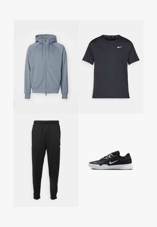 Sweatshirt cinza claro com fecho éclair à frente, capuz com cordão e mangas raglan. Apresenta um pequeno logótipo preto no peito. Textura de tecido suave.; T-shirt de corrida Nike preto, feito de material leve e respirável, com mangas curtas e um pequeno logo branco no peito.; Calças de desporto pretas feitas de tecido suave, com uma cintura elástica, pernas ajustadas e um pequeno logo branco no lado esquerdo.; Sapatilha atlética preta com um cabedal texturizado, swoosh branco da Nike e uma sola de borracha branca. Apresenta um design com atacadores e uma forma dinâmica.