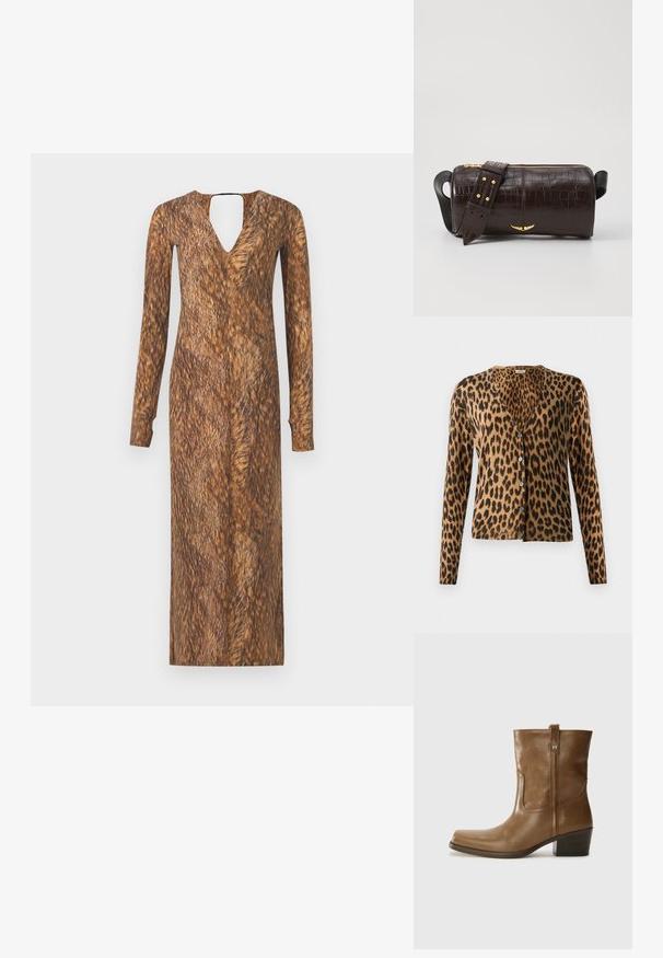 Leopard print cardigan made of soft fabric, featuring a v-neck, long sleeves, and six buttons down the front. Brown and black color scheme.; Long-sleeve dress with a V-neck and keyhole back, featuring a fur-like brown texture and pattern throughout the fabric.; Brown leather ankle boot with a square toe, textured finish, and a low stacked heel. Features a rear pull tab and subtle stitching details.; Brown crocodile-embossed leather bag with a cylindrical shape, gold-tone hardware, and a detachable strap featuring studs.